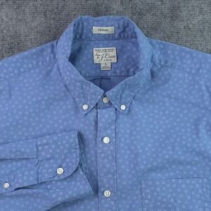 J Crew Secret Wash Shirt Large Classic Stretch Blue Geometric Long Sleeve Button